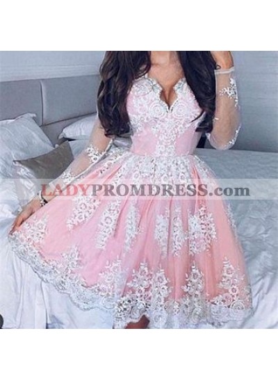 Long Sleeve Ball Gown Pleated Deep V Neck Sheer Pink Lace Flowers Mini Homecoming Dresses