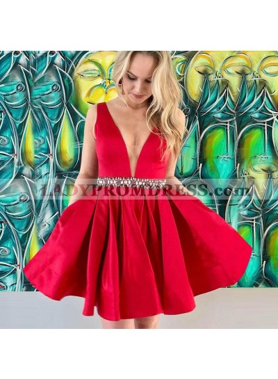 Sleeveless Deep V Neck  A Line Red Satin Pleated Rhinestone Pearls Sheer Homecoming Dresses