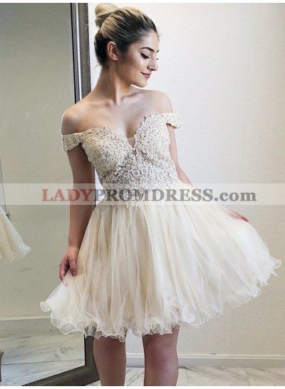 Off The Shoulder V Neck A Line Organza Lace Appliques Pleated Backless Homecoming Dresses