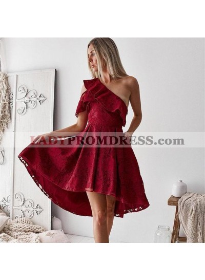 One Shoulder A Line High Low Pleated Lace Short Sleeve Falbala Homecoming Dresses
