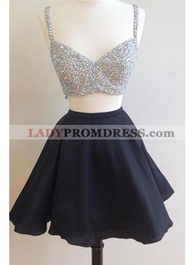 V Neck Two Pieces Sleeveless Rhinestone Sparkle A Line Pleated Chiffon Homecoming Dresses