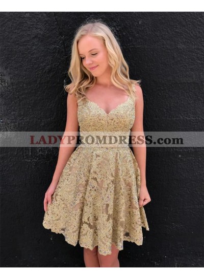 Gold V Neck Sleeveless Lace Appliques A Line Pleated Flowers Backless Homecoming Dresses