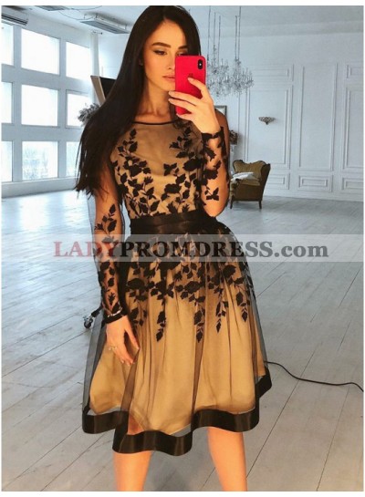 Long Sleeve Flowers Scoop Sheer Appliques Lace Organza Pleated Knee Length Homecoming Dresses