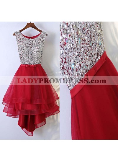 Scoop A Line red Organza High Low Bowknot Organza Rhinestone Sleeveless Homecoming Dresses