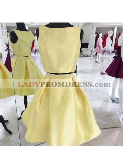 Bateau Sleeveless A Line Two Pieces Satin Pleated Simple Light Yellow Homecoming Dresses