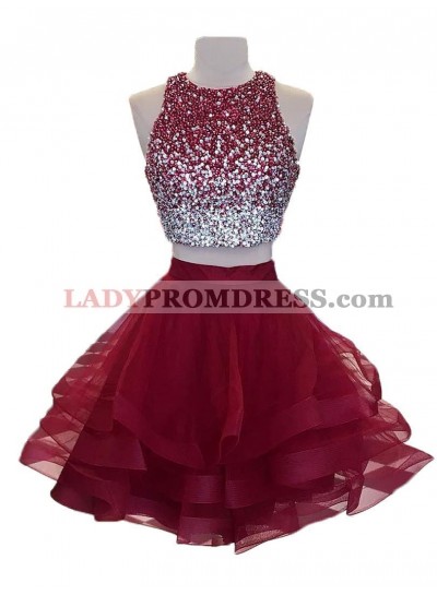 A Line Jewel Sleeveless Rhinestone Organza Ruffles Backless Two Pieces Homecoming Dresses
