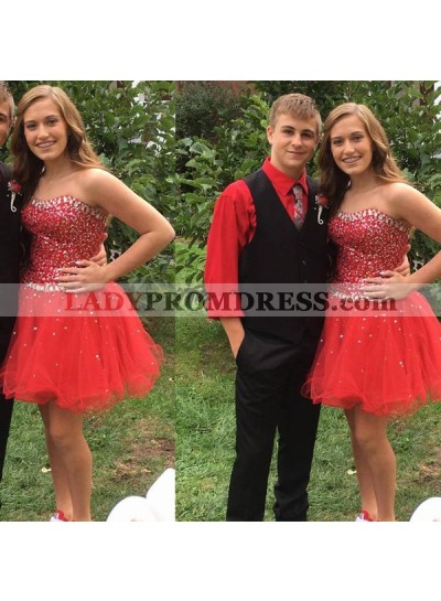 Red Strapless Sweetheart A Line Rhinestone Organza Backless Sparkle Homecoming Dresses