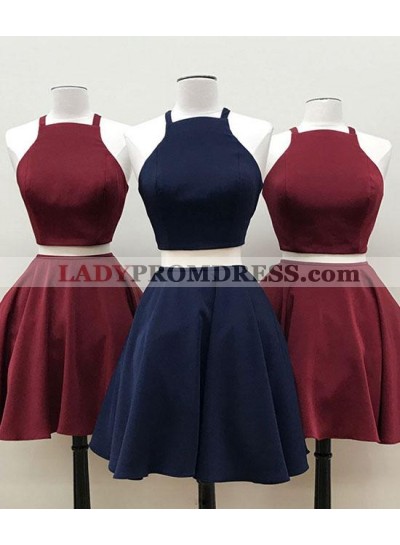Halter Simple Cut Out Lace Up Backless Satin Sleeveless Two Pieces Homecoming Dresses