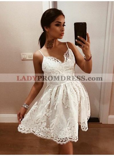 Spaghetti Straps V Neck A Line Pleated Lace Appliques Backless Sexy Homecoming Dresses