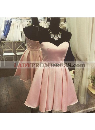 Satin Strapless Sweetheart Backless Pink Pleated A Line Rhinestone Lace Up Homecoming Dresses