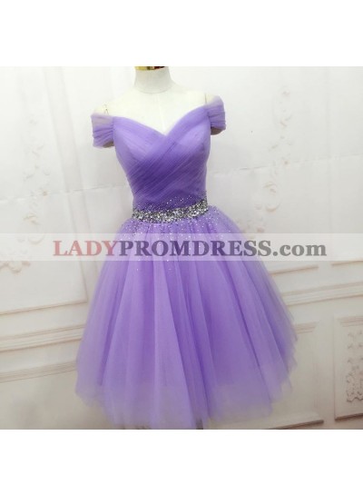 Off The Shoulder V Neck Lilac Rhinestone A Line Tulle Pleated Ruched Homecoming Dresses