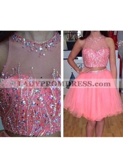Jewel Sleeveless Sheer Rhinestone Two Pieces Ball Gown Organza Homecoming Dresses