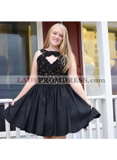 Jewel Sleeveless Cut out Black Satin A Line Appliques Pleated Short Homecoming Dresses