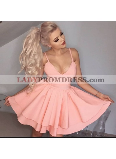 Spaghetti Straps Pink Satin Deep V Neck Ball Gown Tiered Pleated Sexy Homecoming Dresses