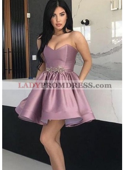 Strapless Sweetheart Pink Rhinestone Satin A Line Pleated Cute Homecoming Dresses