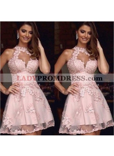 Halter Pink Sleeveless A Line Cut Out Appliques Lace Flowers Pleated Homecoming Dresses