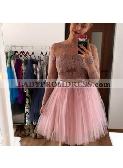 Bateau Long Sleeve Pink Appliques Lace Two Pieces A Line Tulle Pleated Homecoming Dresses