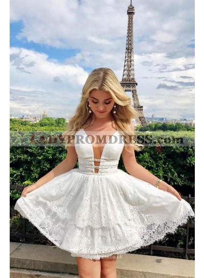 Two Pieces Sleeveless White Lace Deep V Neck Sheer A Line Sexy Pleated Flowers Homecoming Dresses