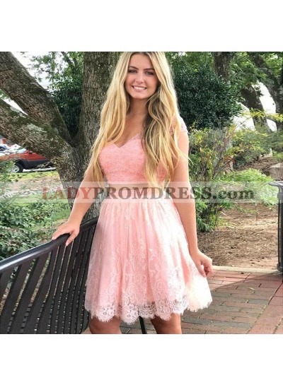 Pink Cap Sleeve V Neck Two Pieces Lace Pleated A Line Beading Flowers Homecoming Dresses