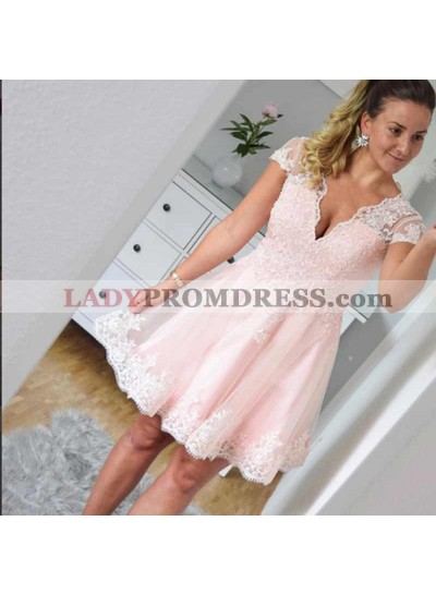 Cap Sleeve Lace A Line Pink Deep V Neck Sheer Pleated Homecoming Dresses