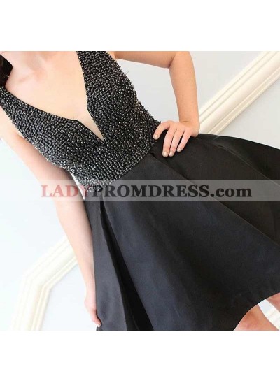 Beading Black A Line Pleated Satin Deep V Neck Sleeveless Short Elegant Homecoming Dresses