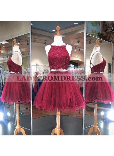 Burgundy Beading Halter Criss Cross Backless Two Pieces Organza A Line Homecoming Dresses