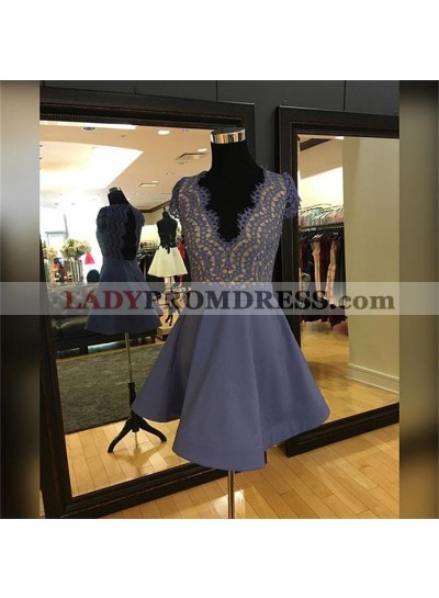 Cap Sleeve Deep V Neck Backless Satin A Line Lavender Pleated Lace Homecoming Dresses