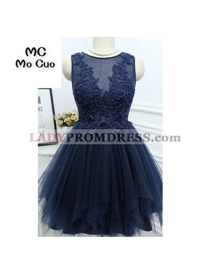 Jewel Sleeveless Appliques Beading A Line Tulle Sheer Pleated Dark Navy Homecoming Dresses