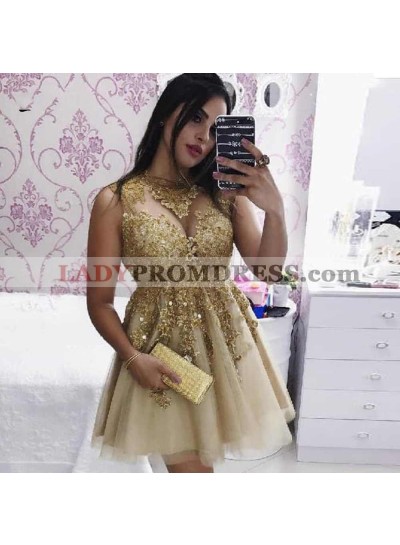 Jewel Sleeveless Pleated A Line Gold Appliques Pleated Sheer Homecoming Dresses