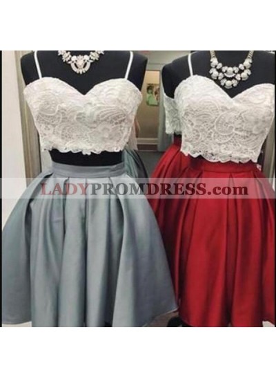 Sexy Spaghetti Straps Sweetheart Two Pieces Satin Pleated Homecoming Dresses