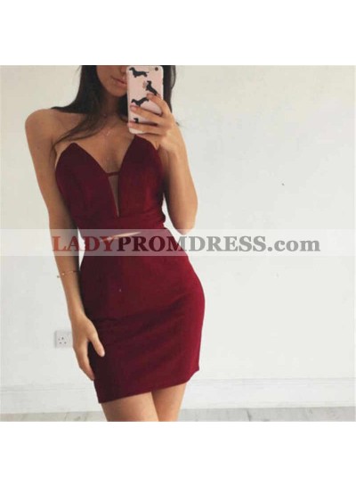 Sweetheart Strapless Cut Out Burgundy Sheath Satin Sexy Short Homecoming Dresses