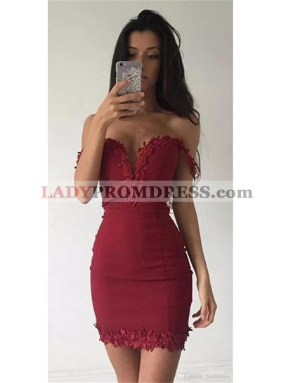 Off The Shoulder Deep V Neck Sheath Appliques Short Burgundy Satin Homecoming Dresses