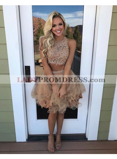 Halter Sleeveless Champagne Lace Appliques Two Pieces A Line Organza Homecoming Dresses