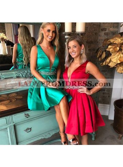 Deep V Neck Sleeveless Rhinestone A Line Pleated Satin Sheer Homecoming Dresses