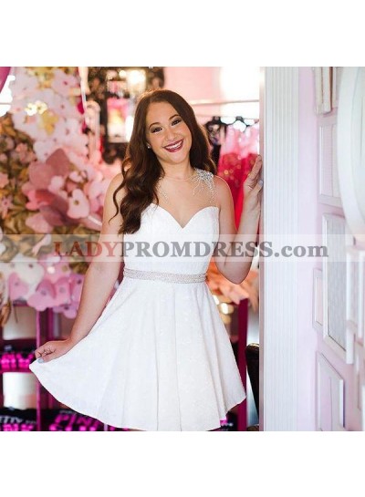 Jewel Sleeveless Sheer A Line Satin Rhinestone Beading White Pleated Homecoming Dresses
