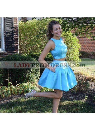 Two Pieces Jewel Sleeveless Blue A Line Pockets Pleated Satin Short Homecoming Dresses
