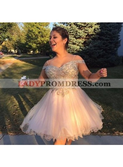 Off The Shoulder Ivory Spaghetti Straps Appliques A Line Organza Homecoming Dresses