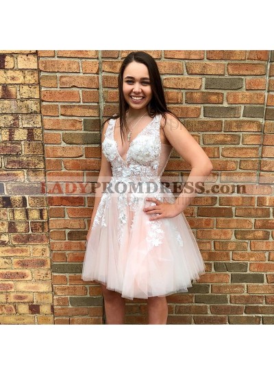 Deep V Neck Sleeveless Appliques Sheer Flowers Tulle Lace White Homecoming Dresses