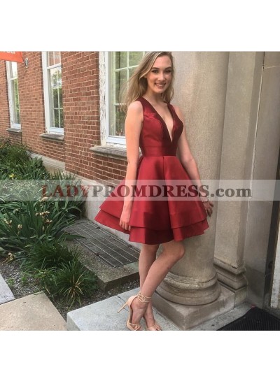 Deep V Neck Sleeveless A Line Tiered Satin Pleated Simple Short Homecoming Dresses