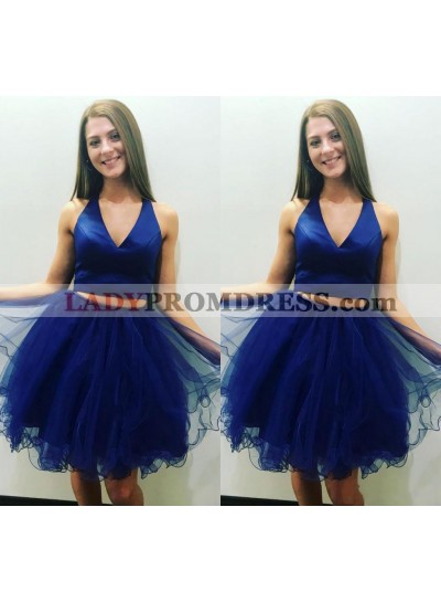 V Neck Sleeveless Two Pieces Pleated Organza A Line Royal Blue Homecoming Dresses