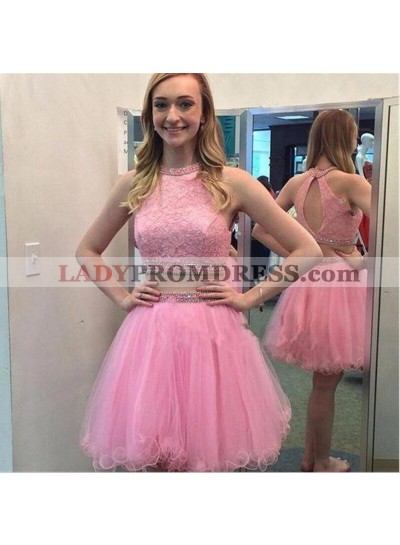 Sleeveless Halter Appliques Pink Two Pieces A Line Organza Backless Homecoming Dresses