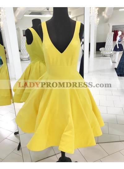 Deep V Neck Daffodil Sleeveless A Line Pleated Satin Backless Homecoming Dresses