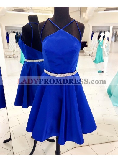 Halter Straps Royal Blue Satin Backless Sexy A Line Pleated Sparkle Homecoming Dresses