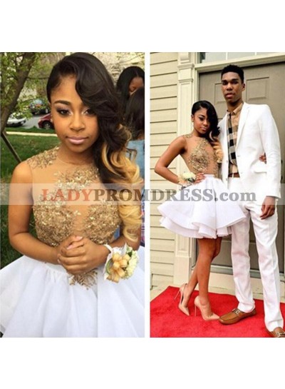 Jewel Sleeveless Appliques Sheer A Line White Tiered Pleated Satin Homecoming Dresses
