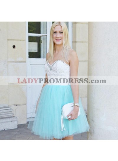 Strapless Sweetheart Appliques Backless A Line Tulle Blue Beading Cute Homecoming Dresses