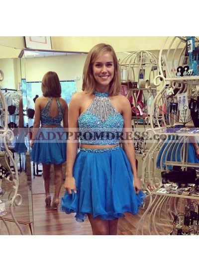 Two Pieces Backless A Line Halter Sleeveless Beading Organza Blue Homecoming Dresses