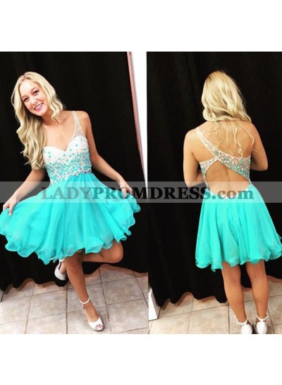 A Line Straps V Neck Sleeveless Blue Backless Beading Cut Out Chiffon Homecoming Dresses
