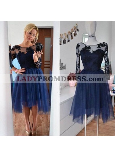 Long Sleeve Scoop Appliques Sheer A Line Pleated Tulle Flowers Homecoming Dresses