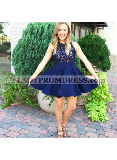 Dark Navy A Line Satin Appliques Sleeveless Lace Halter Pleated Homecoming Dresses