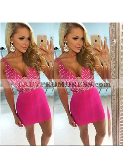 Deep V Neck Sleeveless Rhinestone Sheath Satin Fuchsia Short Sparkle Homecoming Dresses